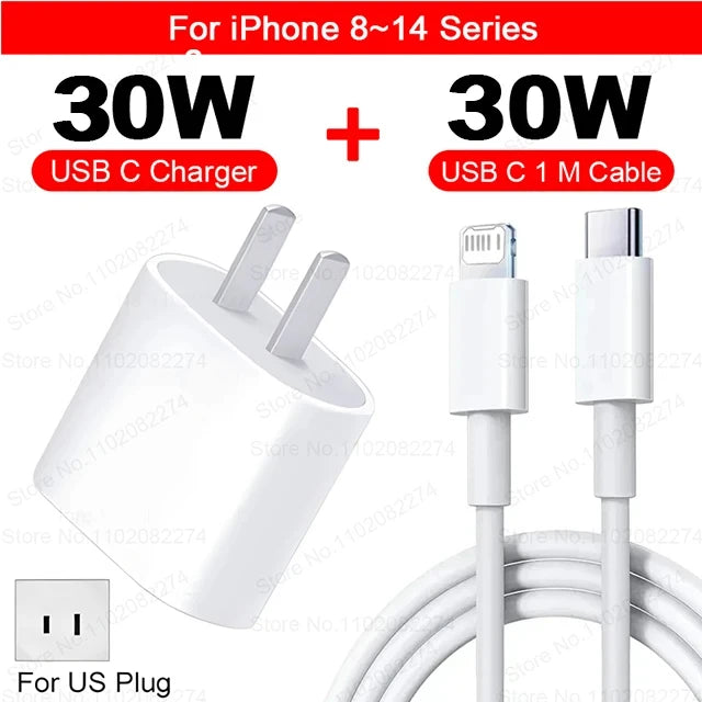 For Apple PD 30W USB Type C Charger For iPhone 15 13 12 11 14 16 Pro Max Plus XR X iPad Fast Charger Adapter Fast Charging Cable