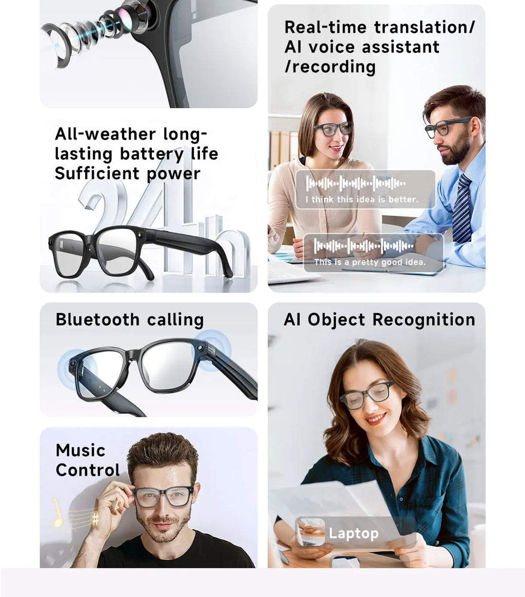 Smart Glasses With 8M HD camera 1200P anti-shake HD video AI intelligent voice assistant Real-time translation Object recognion