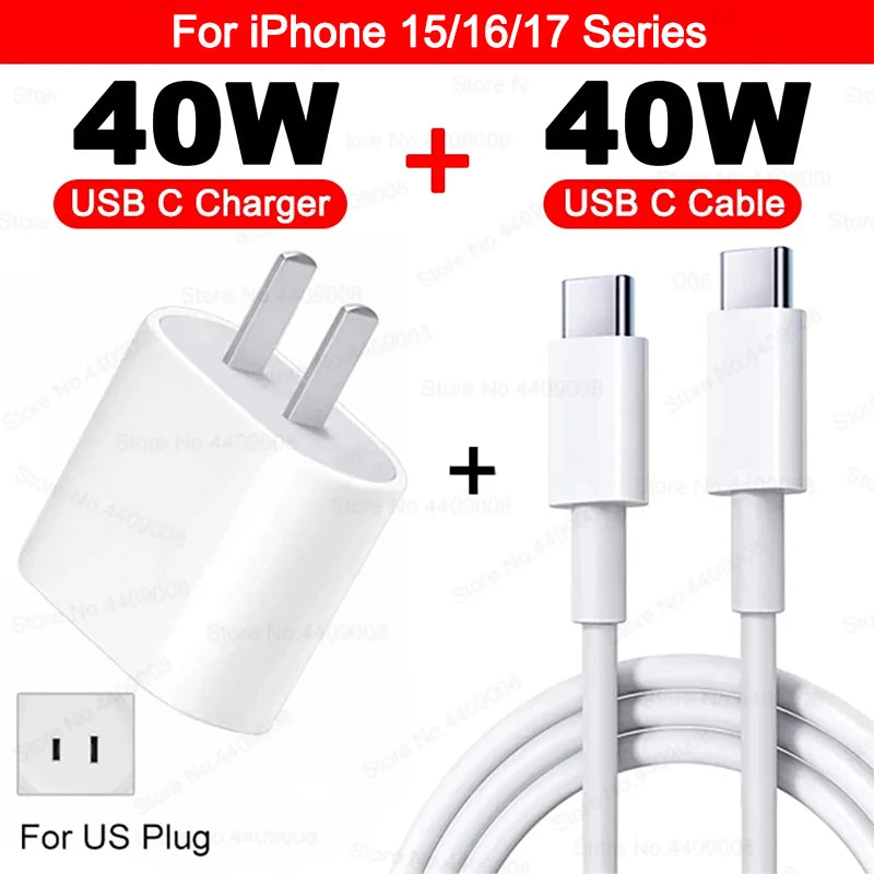 For Apple Original 40W Type C Fast Charger For iPhone 16 15 14 13 12 11 Pro Max Plus PD Charging Cable Charger Phone Accessories