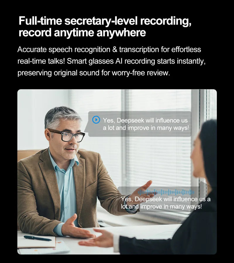 AI Smart Glasses With Camera Photo Sense Bluetooth Music Call Intelligent Recording IP65 Waterproof Bluetooth Glasses