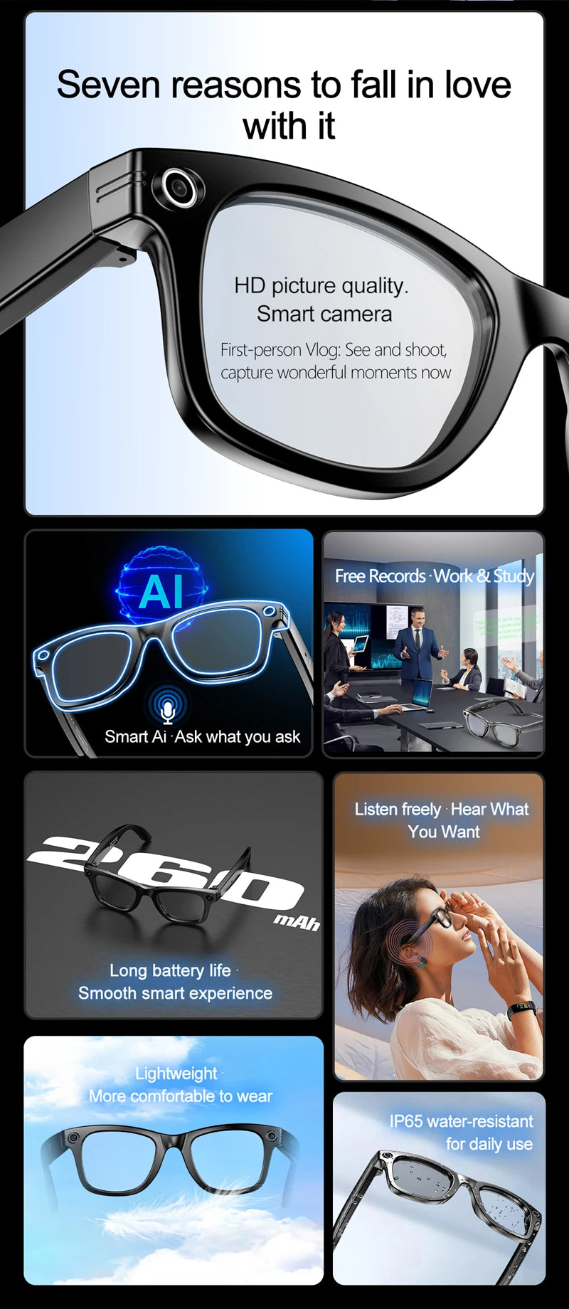 AI Smart Glasses With Camera Photo Sense Bluetooth Music Call Intelligent Recording IP65 Waterproof Bluetooth Glasses