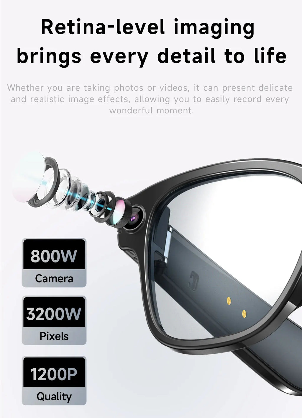 Smart Glasses With 8M HD camera 1200P anti-shake HD video AI intelligent voice assistant Real-time translation Object recognion