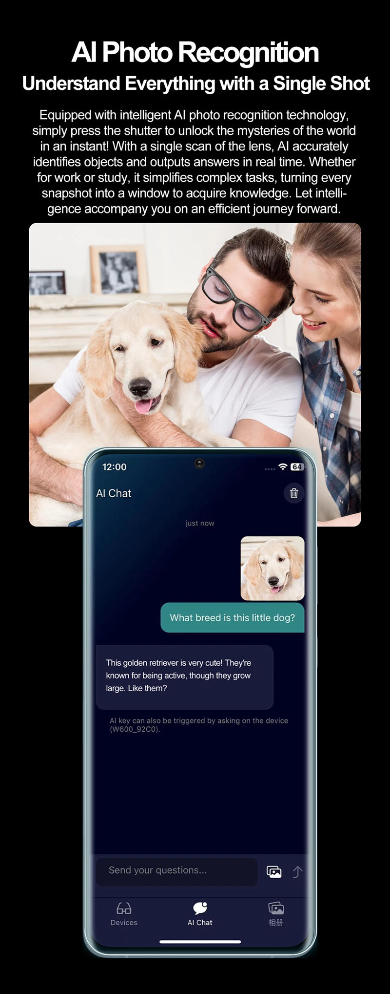 AI Smart Glasses With Camera Photo Sense Bluetooth Music Call Intelligent Recording IP65 Waterproof Bluetooth Glasses