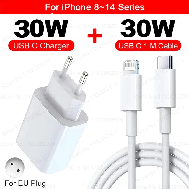 For Apple PD 30W USB Type C Charger For iPhone 15 13 12 11 14 16 Pro Max Plus XR X iPad Fast Charger Adapter Fast Charging Cable