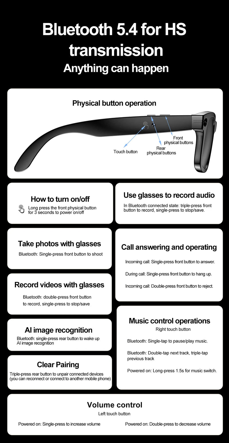 AI Smart Glasses With Camera Photo Sense Bluetooth Music Call Intelligent Recording IP65 Waterproof Bluetooth Glasses