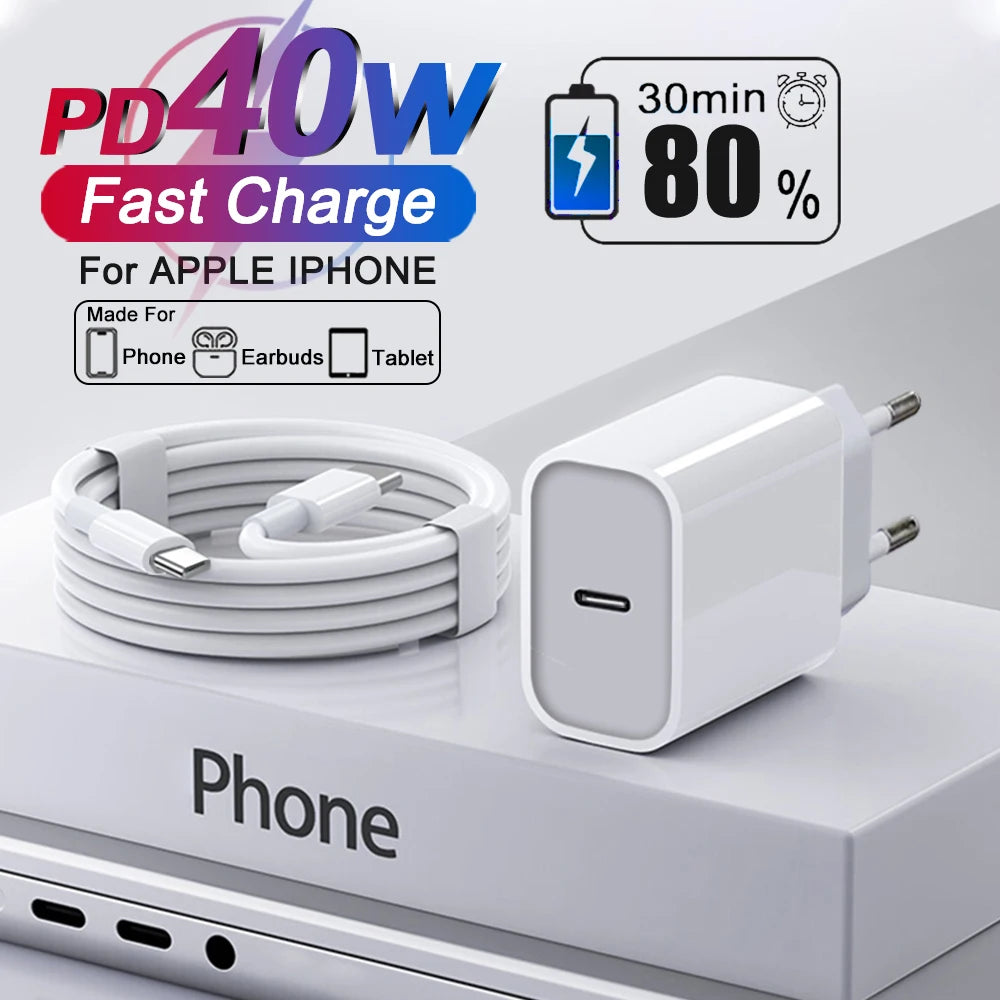 For Apple Original 40W Type C Fast Charger For iPhone 16 15 14 13 12 11 Pro Max Plus PD Charging Cable Charger Phone Accessories