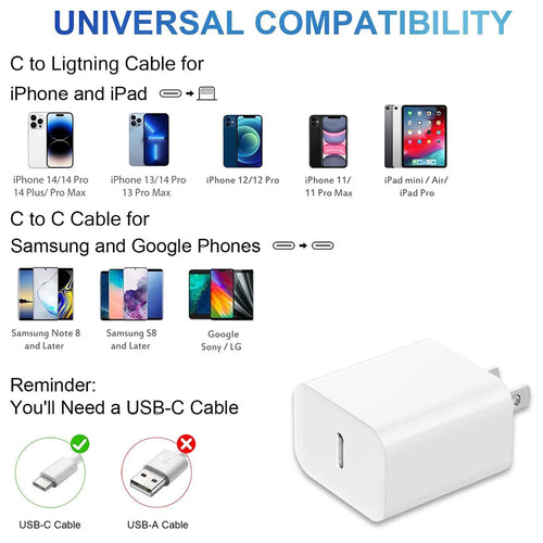 20W PD USB-C Power Adapter Fast Charger For iPhone 14 13 12 11 Pro Max USB Type C Wall Quick Charging X XS XR 7 8 6 Plus Cable