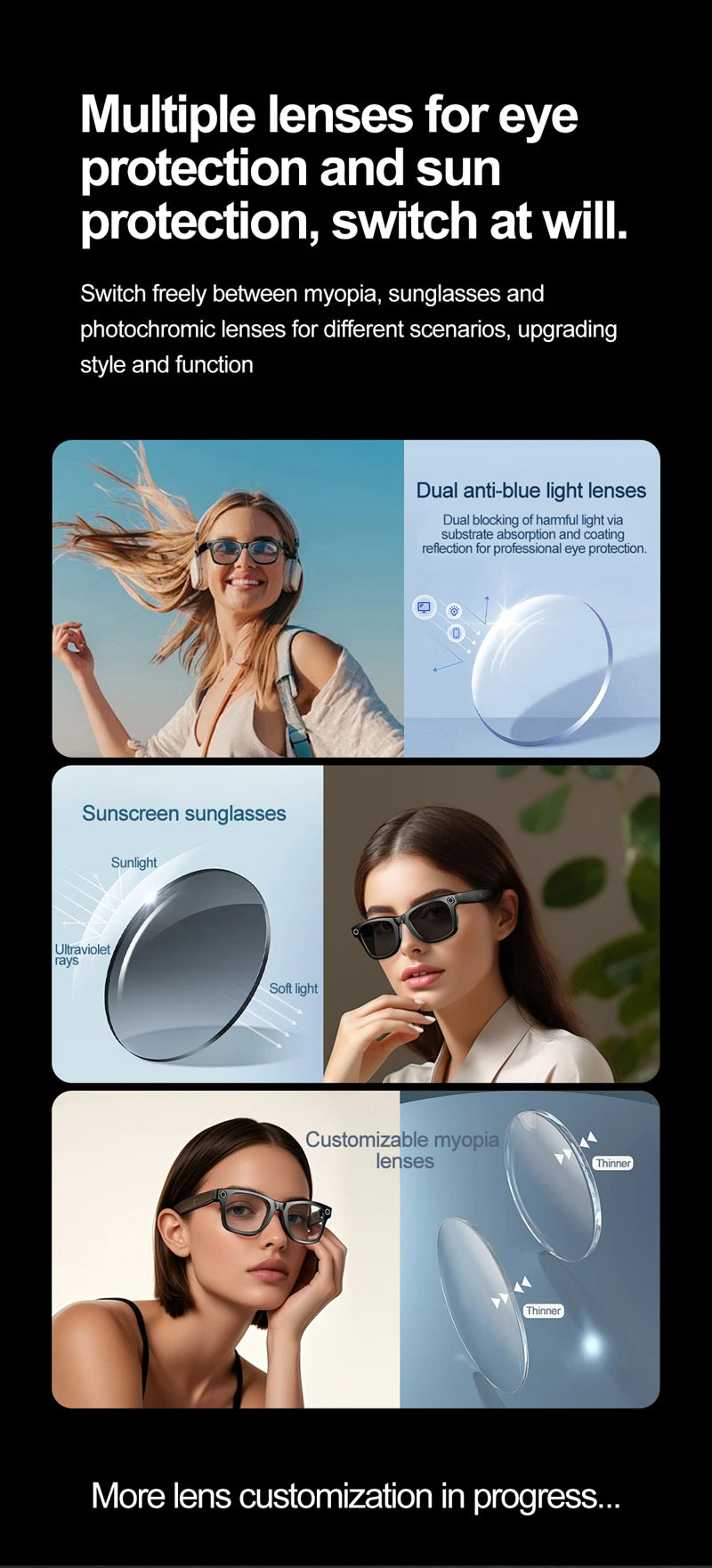 AI Smart Glasses With Camera Photo Sense Bluetooth Music Call Intelligent Recording IP65 Waterproof Bluetooth Glasses