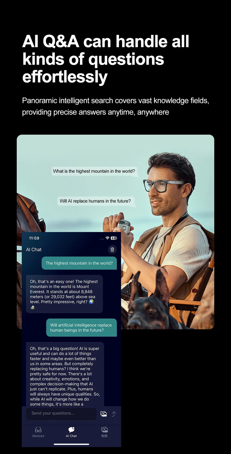 AI Smart Glasses With Camera Photo Sense Bluetooth Music Call Intelligent Recording IP65 Waterproof Bluetooth Glasses